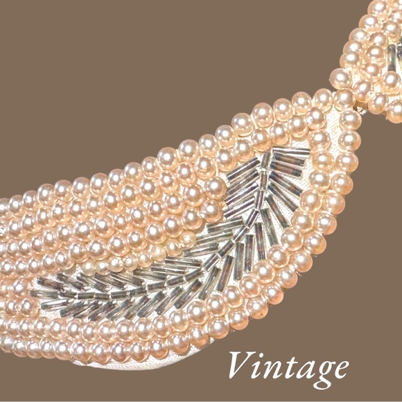 Vintage White Pearl and Grey Beaded Bib Collar (15") - Picture 2 of 12